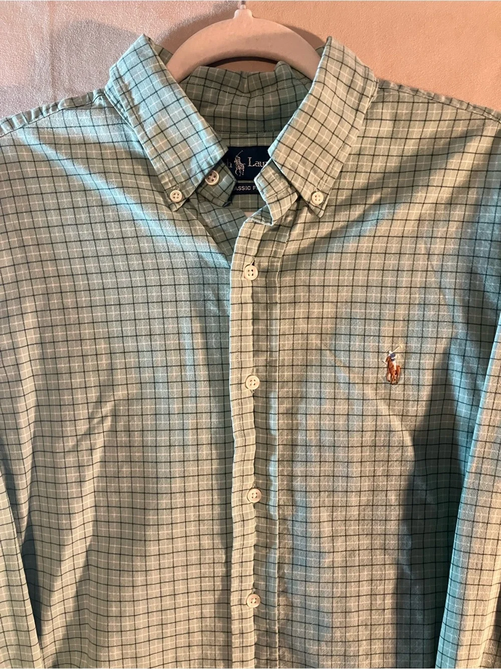 Polo Ralph Lauren Mens L Shirt Classic Fit Button Mint Green Plaid Flesh Pony
